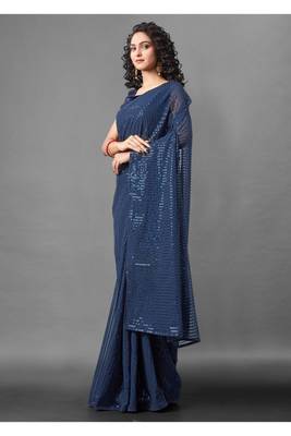 Blue embroidered georgette saree with blouse 2