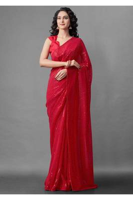 Red embroidered georgette saree with blouse 1