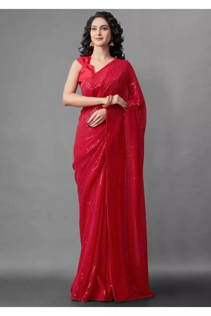 Red embroidered georgette saree with blouse