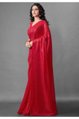 Red embroidered georgette saree with blouse 2