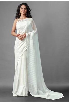 White embroidered georgette saree with blouse 1