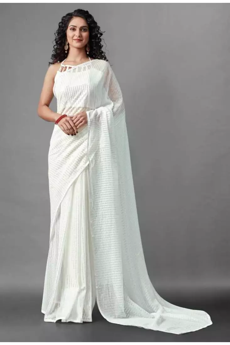White embroidered georgette saree with blouse