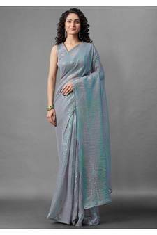 Grey embroidered georgette saree with blouse
