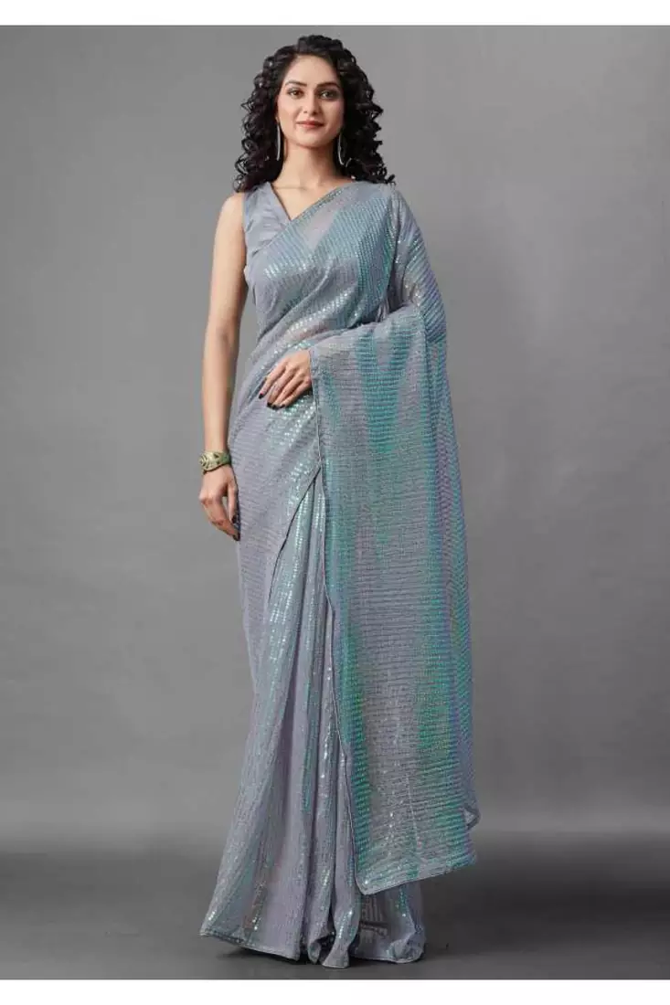 Grey embroidered georgette saree with blouse