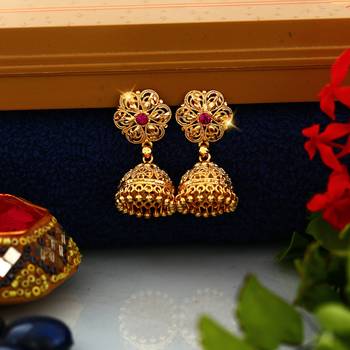 Traditional 1gm Gold South Screw Back Alloy Gold and Micron Plated Jhumka Earring 3