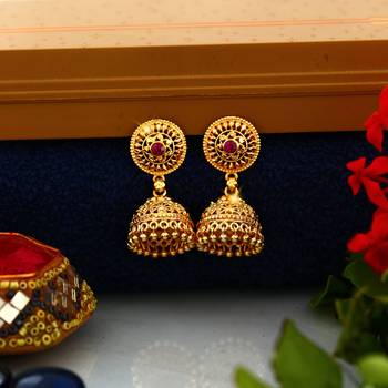 Traditional 1gm Gold South Screw Back Alloy Gold and Micron Plated Jhumka Earring 3