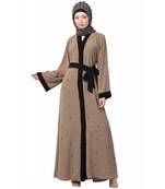 Premium Quality Creep fabric Front open with belt A-Line Abaya Dotted Embroidery work with   Hijab Brown