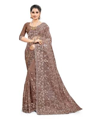 Coffee embroidered net saree with blouse 1