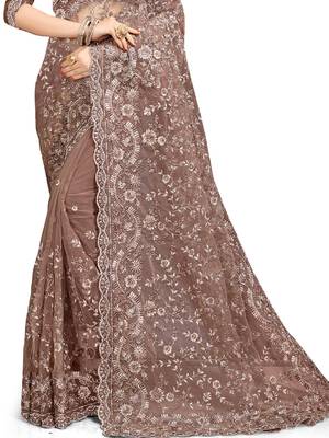 Coffee embroidered net saree with blouse 2