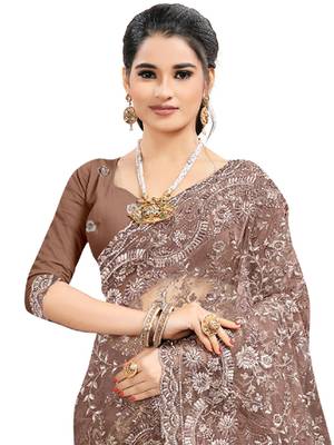 Coffee embroidered net saree with blouse 3
