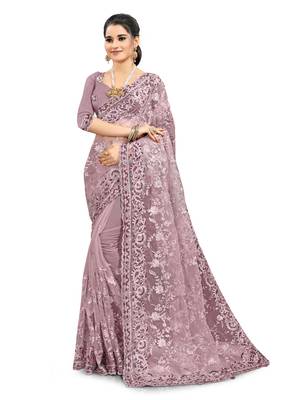 Lavender embroidered net saree with blouse 1