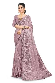 Lavender embroidered net saree with blouse