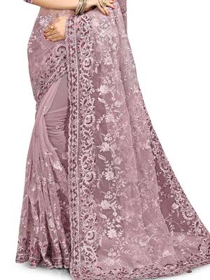 Lavender embroidered net saree with blouse 2
