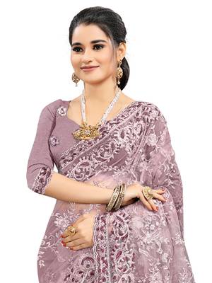 Lavender embroidered net saree with blouse 3