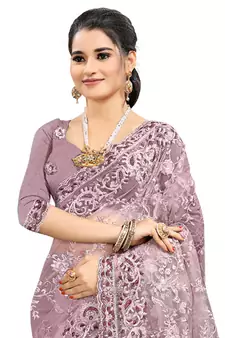 Lavender embroidered net saree with blouse