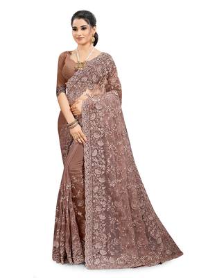 Coffee embroidered net saree with blouse 1