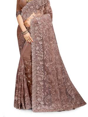 Coffee embroidered net saree with blouse 2