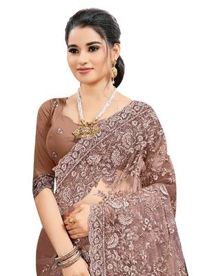Coffee embroidered net saree with blouse 3