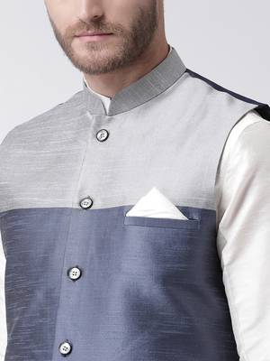 Men Off-White & Blue Dupion Silk Kurta Set 2