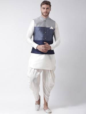 Men Off-White & Blue Dupion Silk Kurta Set 1