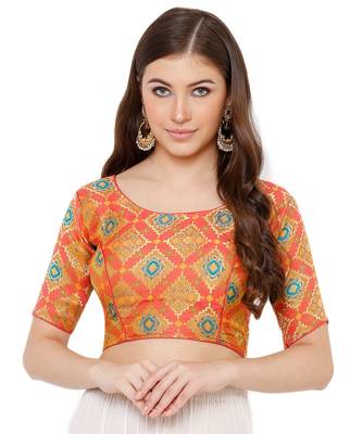 Peach art silk stitched round neck blouse 1