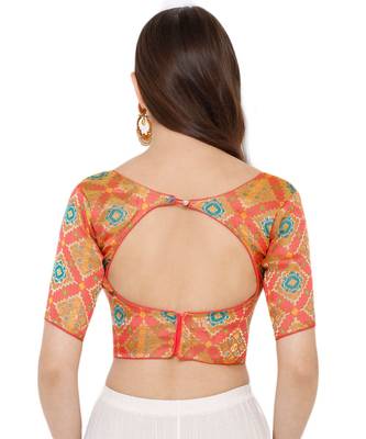 Peach art silk stitched round neck blouse 2