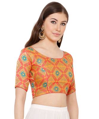 Peach art silk stitched round neck blouse 3
