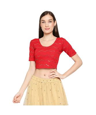 Red cotton poly stitched round neck blouse 1