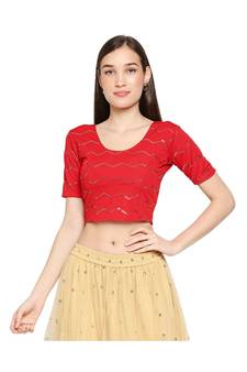 Red cotton poly stitched round neck blouse