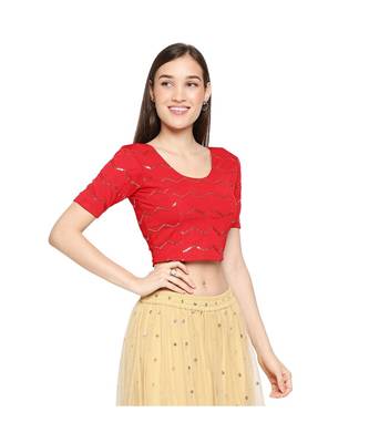 Red cotton poly stitched round neck blouse 3