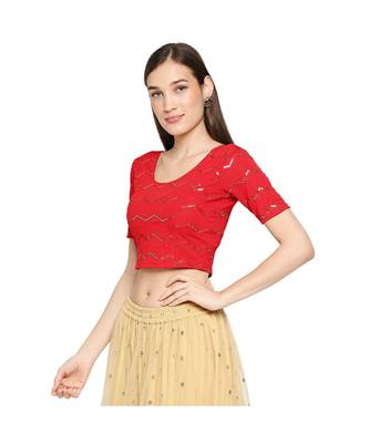 Red cotton poly stitched round neck blouse 4