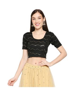 Black cotton poly stitched round neck blouse 1