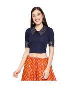 Navy Blue cotton poly stitched band collar neck blouse