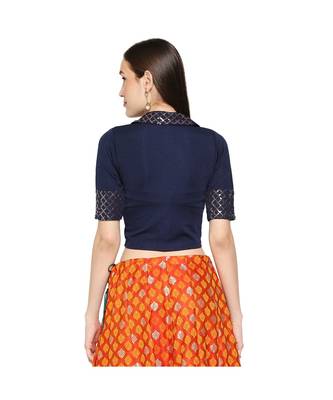 Navy Blue cotton poly stitched band collar neck blouse 2