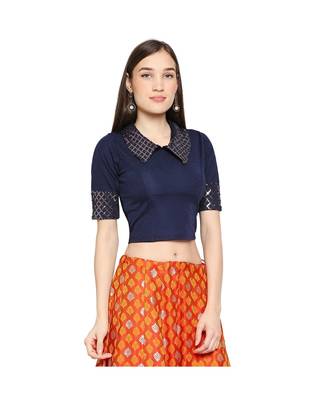 Navy Blue cotton poly stitched band collar neck blouse 3