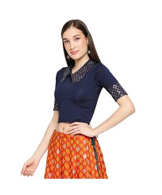Navy Blue cotton poly stitched band collar neck blouse 4