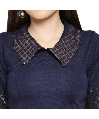 Navy Blue cotton poly stitched band collar neck blouse 5
