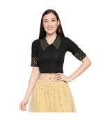 Black cotton poly stitched band collar neck blouse