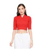 Red polyester stitched v neck blouse