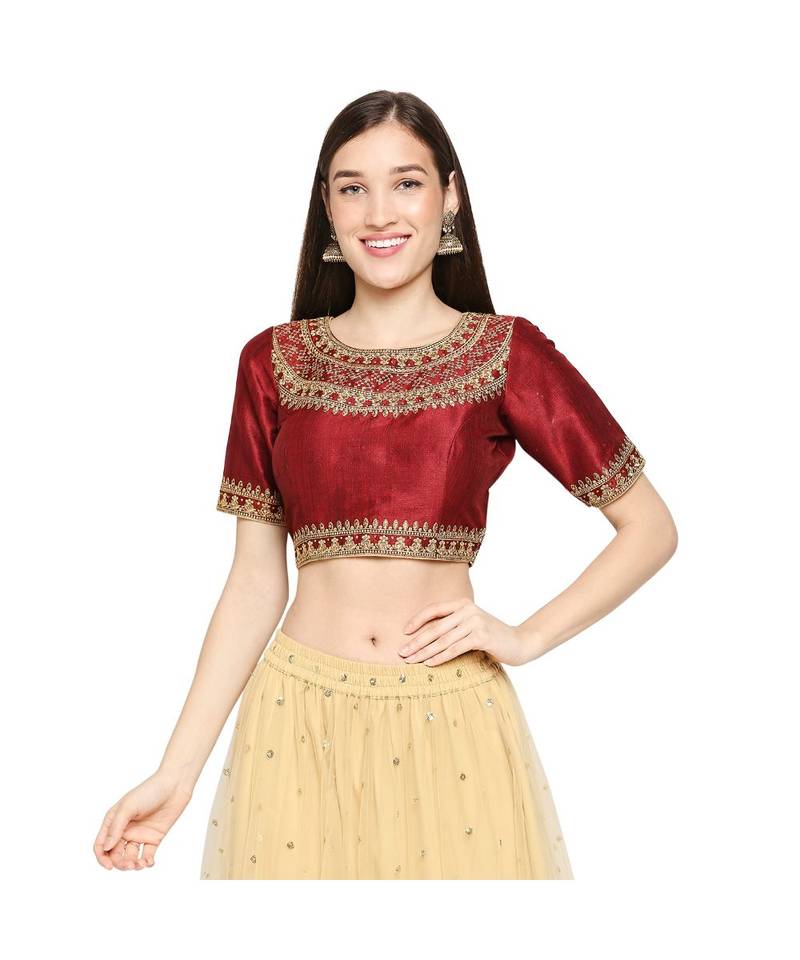 Dark Maroon art silk stitched round neck blouse