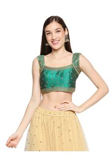 Green art silk stitched sweet heart neck blouse