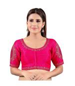 Pink art silk stitched sweet heart neck blouse