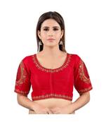 Red art silk stitched sweet heart neck blouse