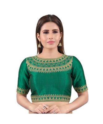 Green art silk stitched sweet heart neck blouse 1