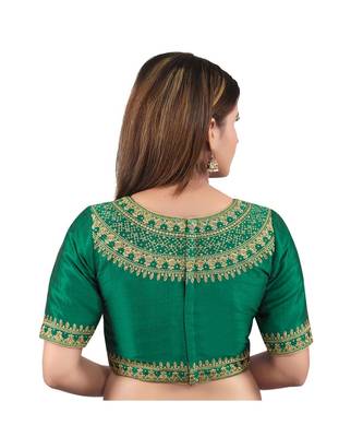 Green art silk stitched sweet heart neck blouse 2