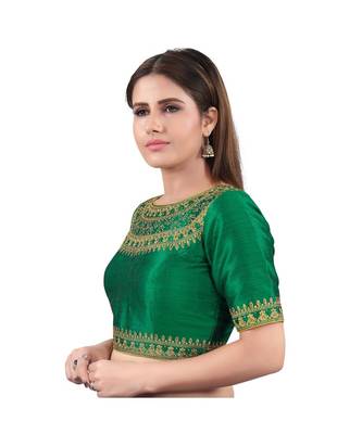 Green art silk stitched sweet heart neck blouse 3
