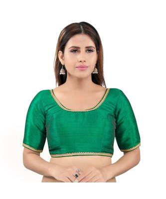 Green art silk stitched round neck blouse 1