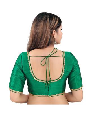 Green art silk stitched round neck blouse 2