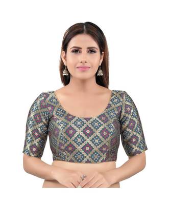 Grey Brocade stitched round neck blouse 1