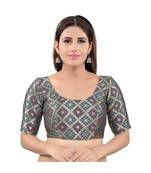 Grey Brocade stitched round neck blouse